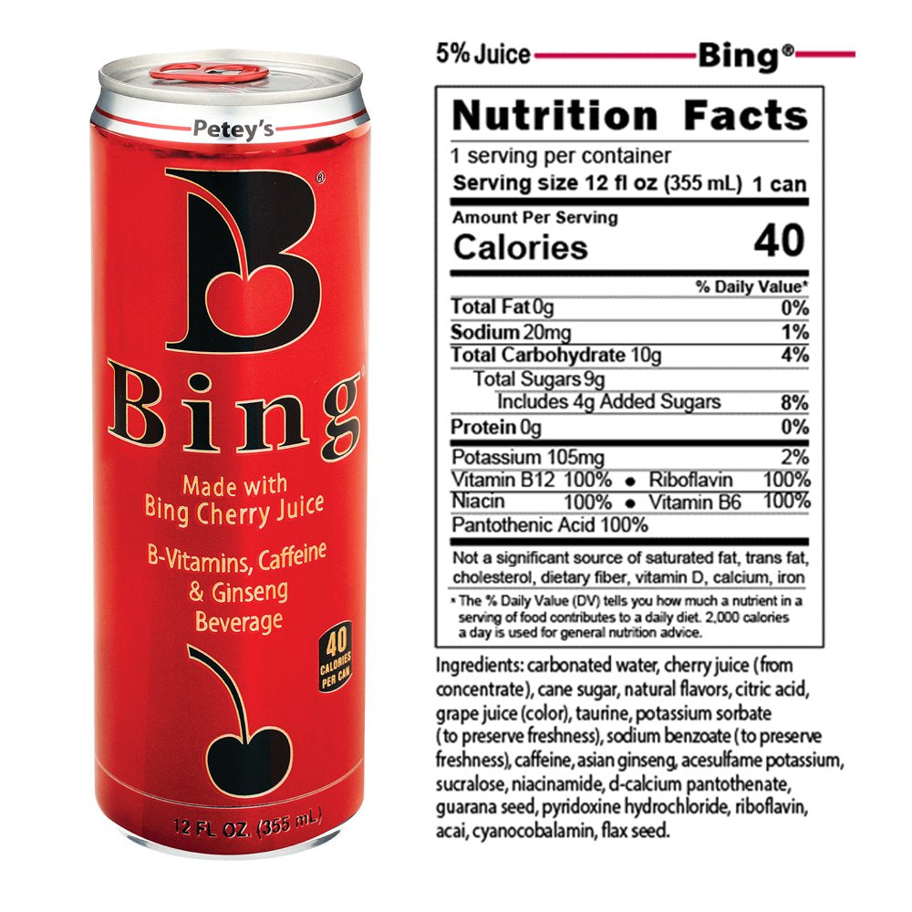 Bing Beverage Healthy Energy Drinks, Bing Cherry, 12 Oz (24 Pack)