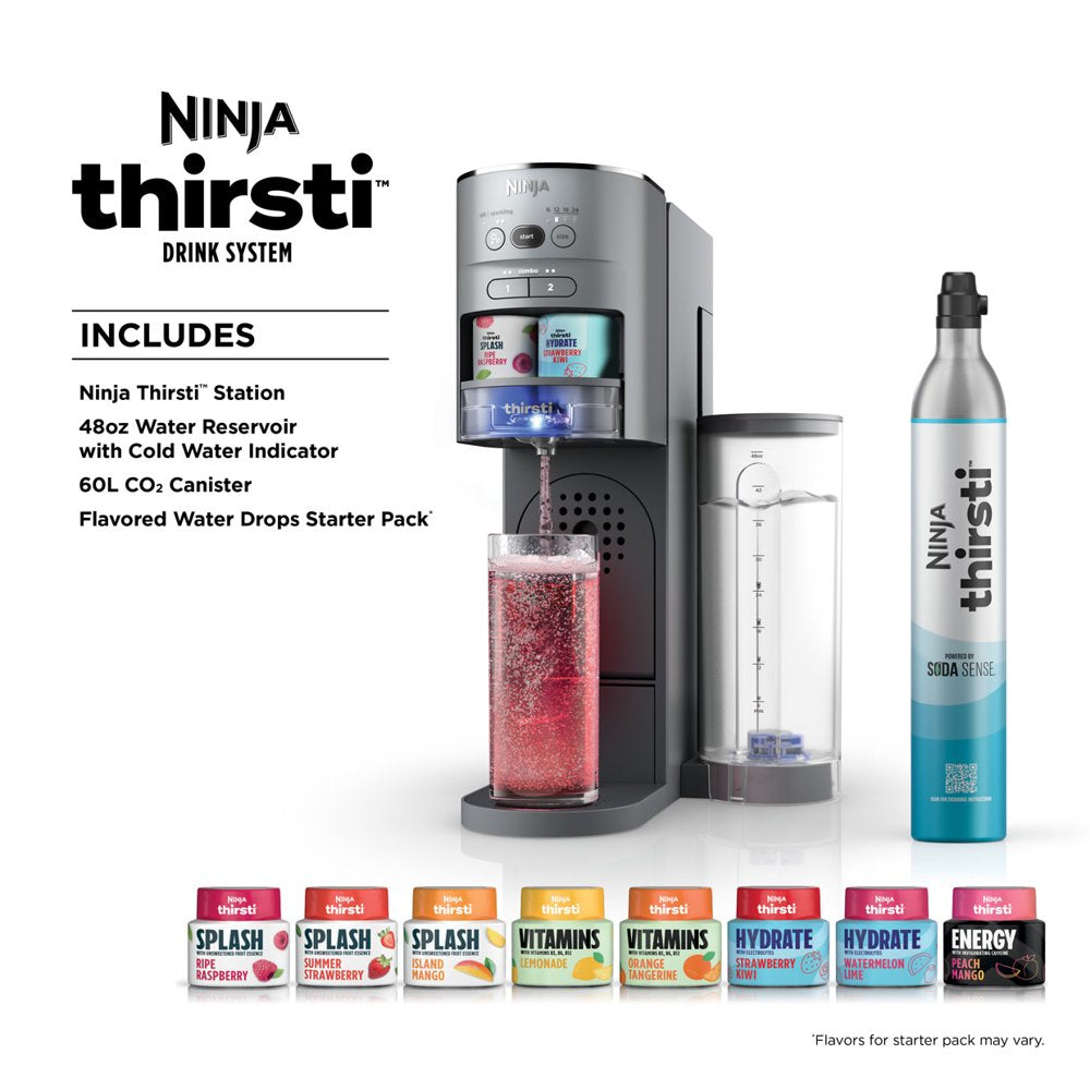 Ninja Thirsti Drink System Complete Still & Sparkling Customization Drink Kit with CO2 Canister, Flavors & 48Oz Reservoir, WC1000