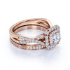 Square Diamond - Double Halo - Twisted Band - Vintage Inspired - Pave - Wedding Ring Set in 10K Rose Gold