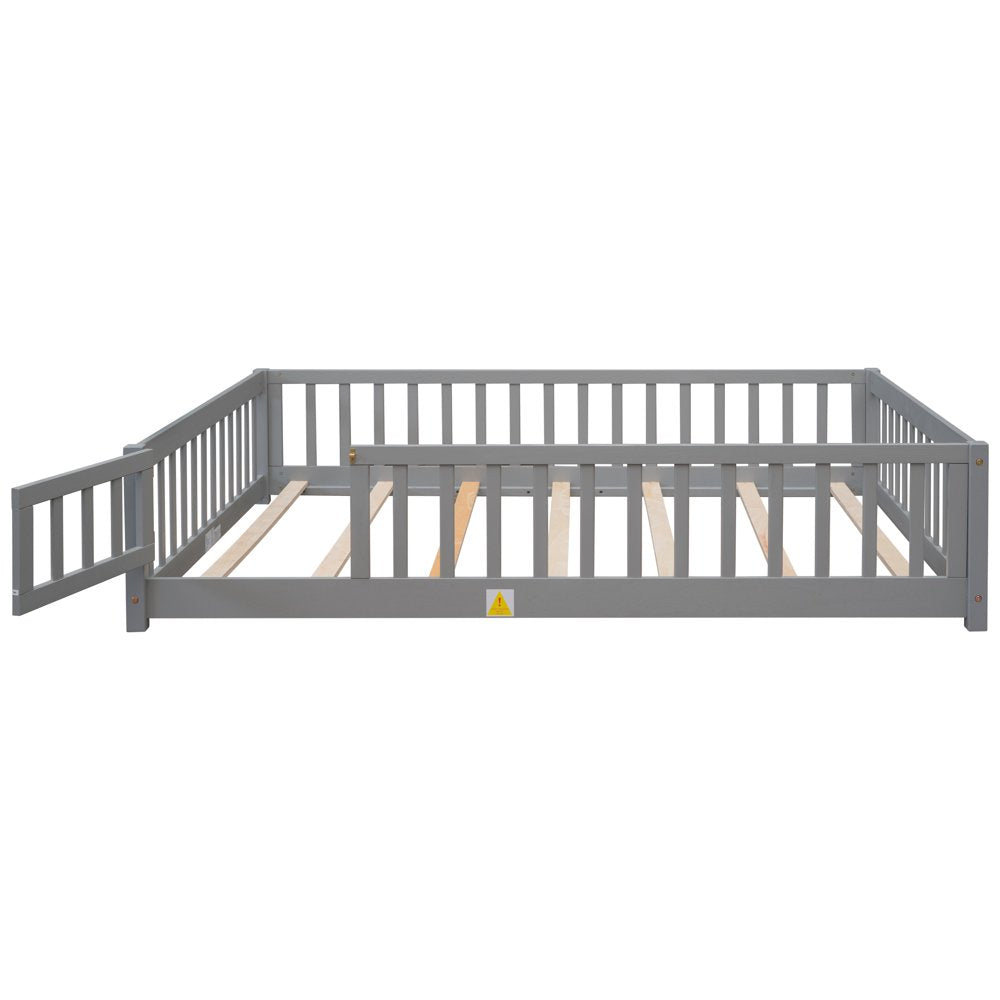 Uhomepro Full Size Wood Floor Bed Frame with Fence and Door for Kids, Toddlers, Gray