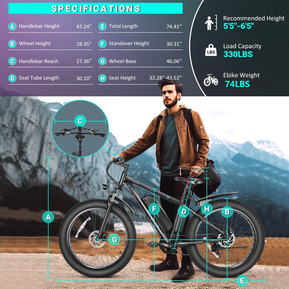 Gocio 26" 4.0 Fat Tire Electric Bike for Adults, 500W Adults E Bike, 48V 13Ah Removable Li-Ion Battery, Professional 7-Speed, Electric Mountain Bicycle Beach Bike Snow Bike Ebike for Men