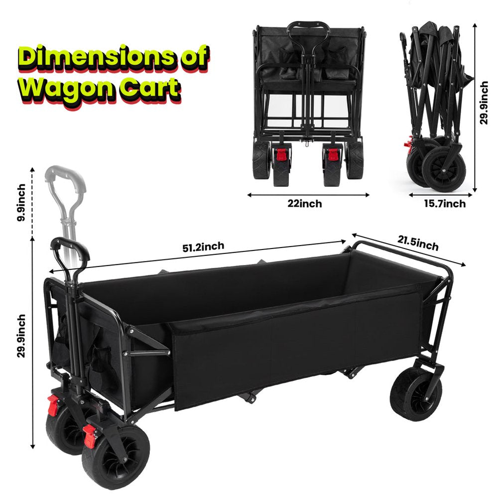 Super Large Collapsible Garden Cart, VECUKTY Folding Wagon Utility Carts with Wheels and Rear Storage, Wagon Cart for Garden, Camping, Grocery Cart, Shopping Cart, Black