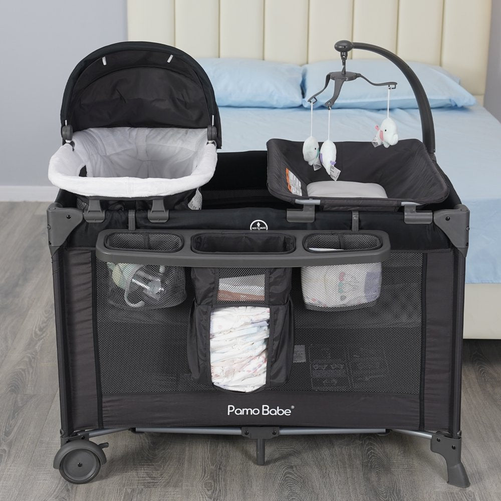 Pamo Babe Unisex Nursery Center Playard with Bassinet & Changing Table, Black