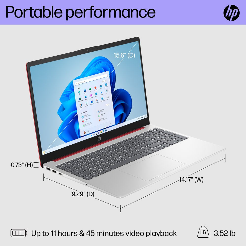 HP 15.6", Laptop Intel Pentium Processor 4GB RAM, 128GB UFS, Scarlet Red, Windows 11, 15-Fd0083Wm