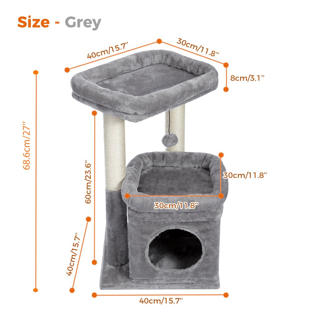 PAWZ Road Cat Tree Condo 27" Cat Tower with Large Top Perch and Scratching Posts for Kittens and Medium Cats, Gray