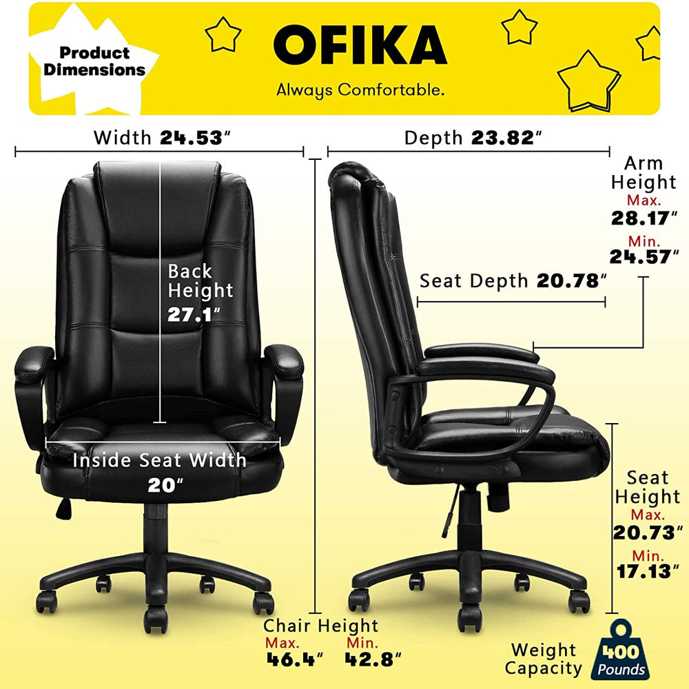 Home Office Chair, Big and Tall Chair 8 Hours Heavy Duty Design, Ergonomic High Back Cushion Lumbar Back Support, Computer Desk Chair, Adjustable Executive Leather Chair with Arms (Black)