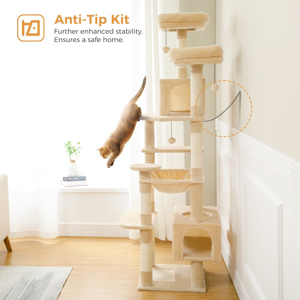 PAWZ Road 73" Cat Tree for Large Cats Multi Level Tall Cat Tower Condo with 7 Scratching Posts,Beige