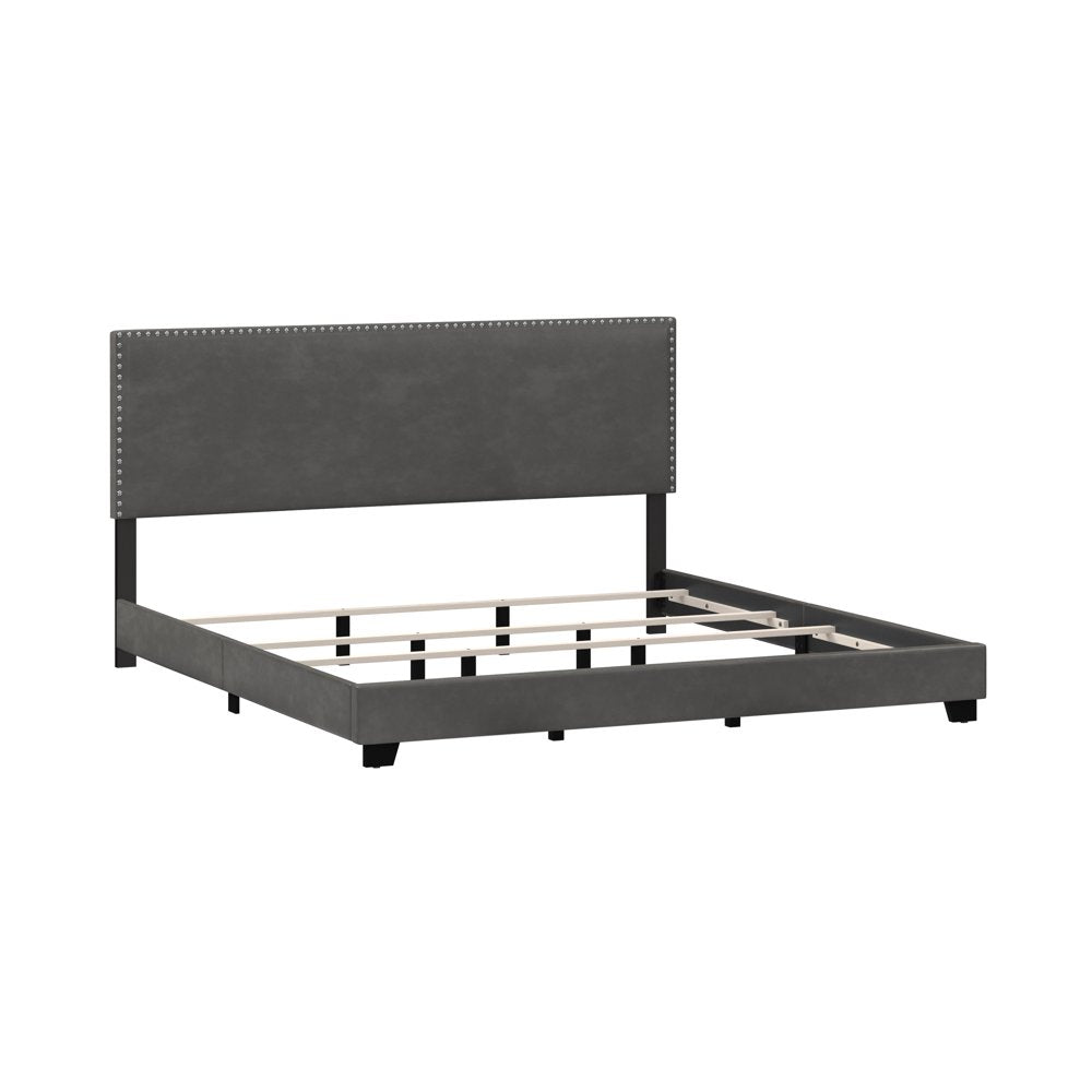 Willow Nail Head Trim Upholstered King Bed, Charcoal Faux Leather, by Hillsdale Living Essentials