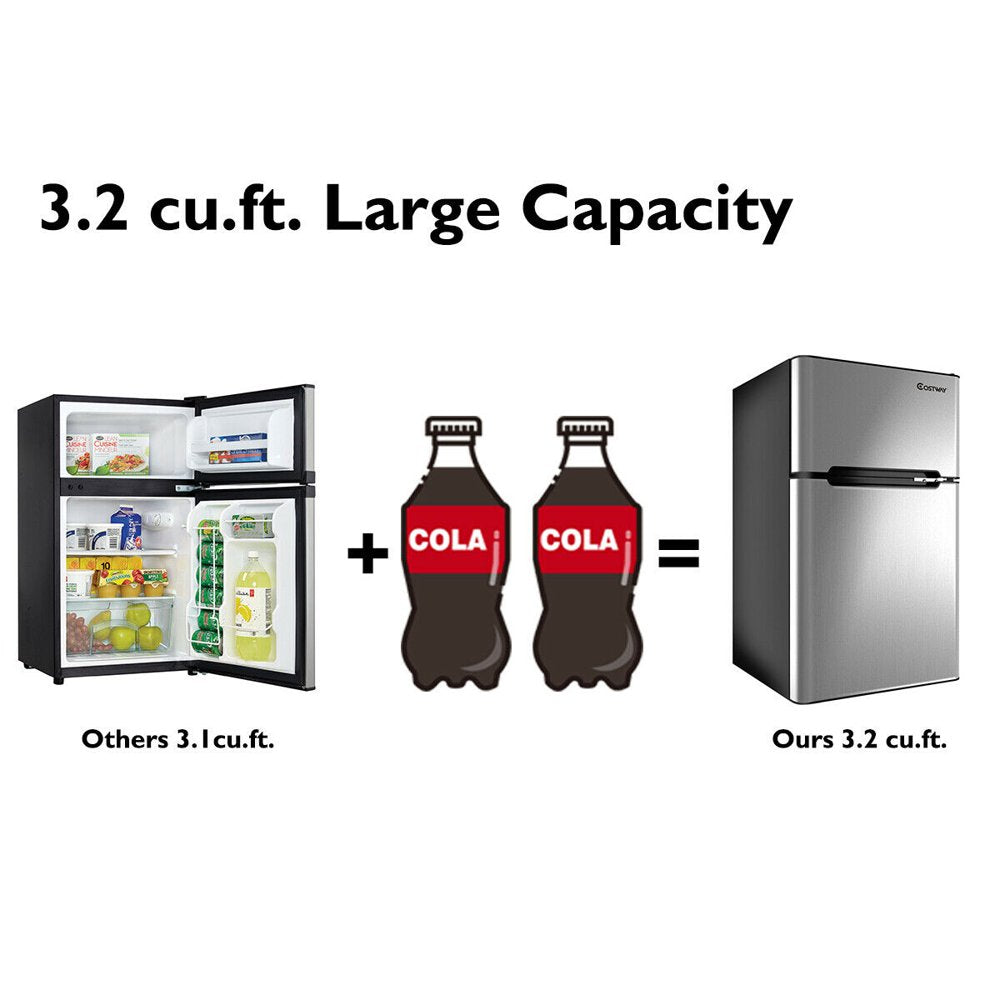 Costway Refrigerator Small Freezer Cooler Fridge Compact 3.2 Cu Ft. Unit, Grey