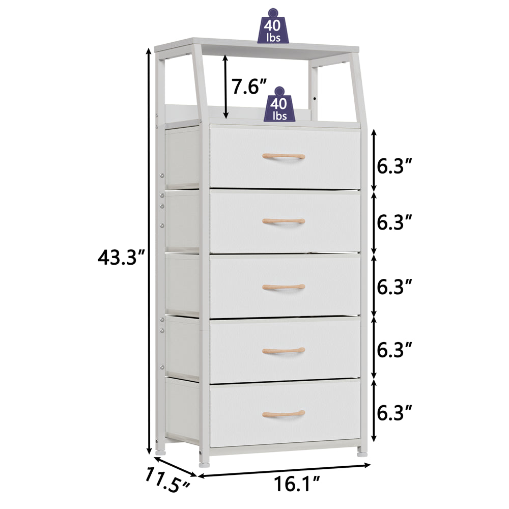 Furnulem Classic Dresser for Bedroom with 5 Drawers, Tall Fabirc Dresser Chest of Drawers for Closet, Living Room, Nursery, Kids Bedroom, White