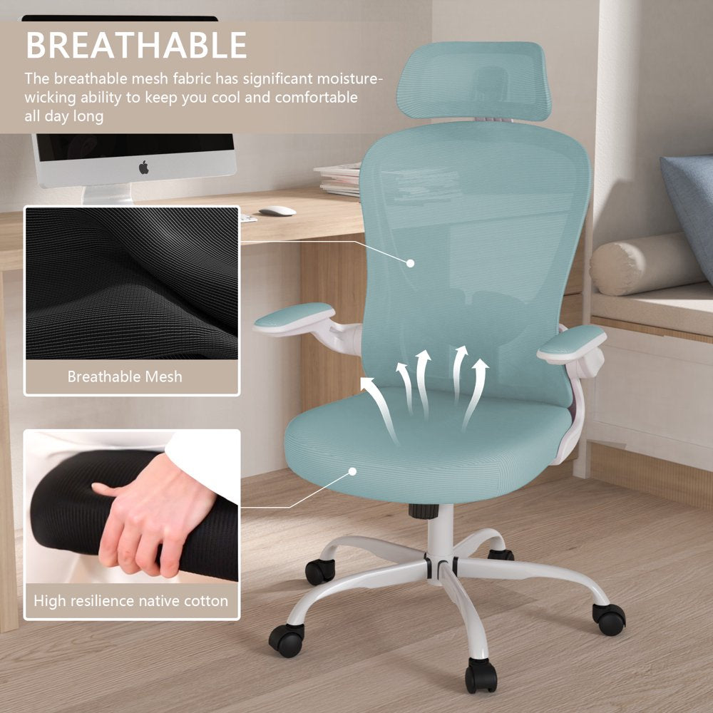 Lioncin Office Chair, High Back Ergonomic Desk Chair, Breathable Mesh Desk Chair with Adjustable Lumbar Support and Headrest, Swivel Task Chair with Flip-Up Armrests,Light Blue