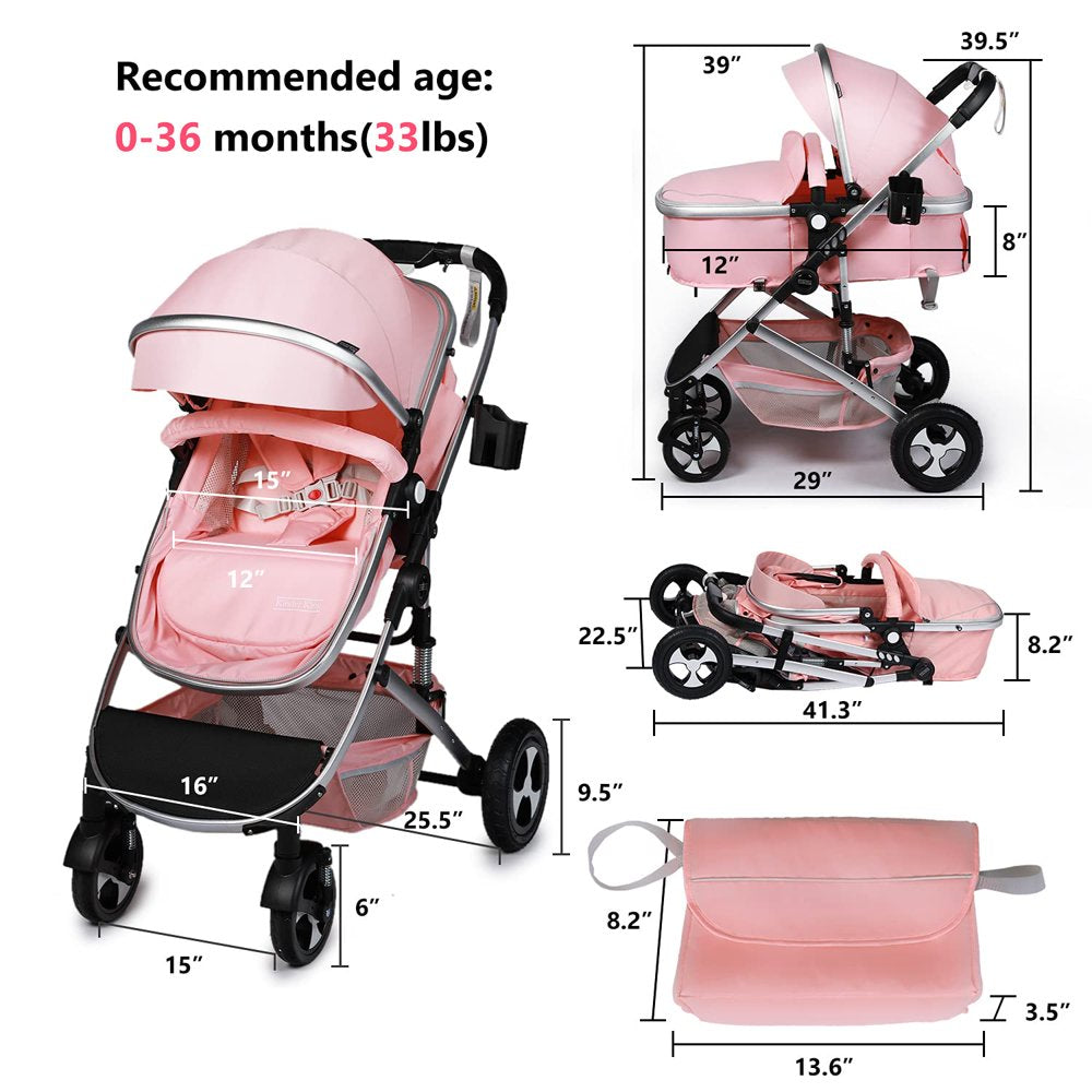 Kinder King 2 in 1 Convertible Baby Stroller, Folding Infant Newborn Reversible Bassinet Pram Stroller, Pink