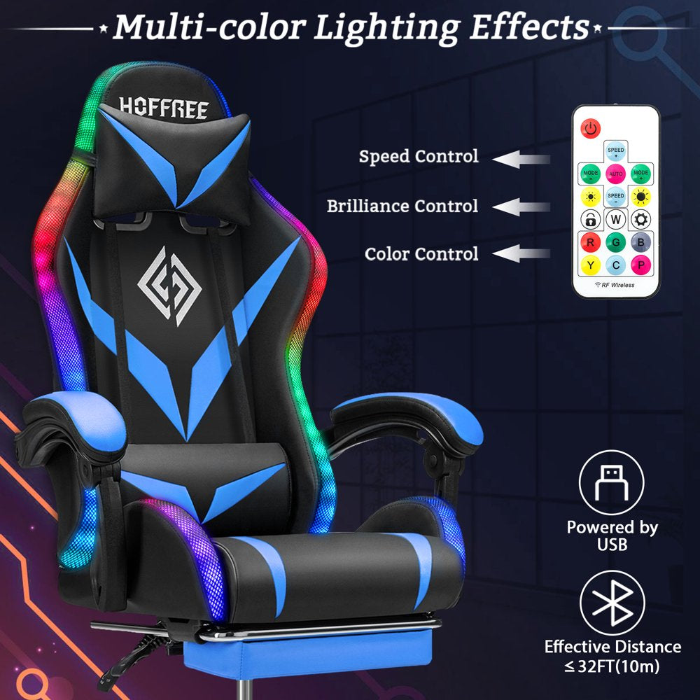 Hoffree Gaming Chair with Bluetooth Speakers Office Chair with Footrest and LED Lights Ergonomic Gaming Chairs High Back with Lumbar Support and Headrest Adjustable Swivel for Home Office 300Lb