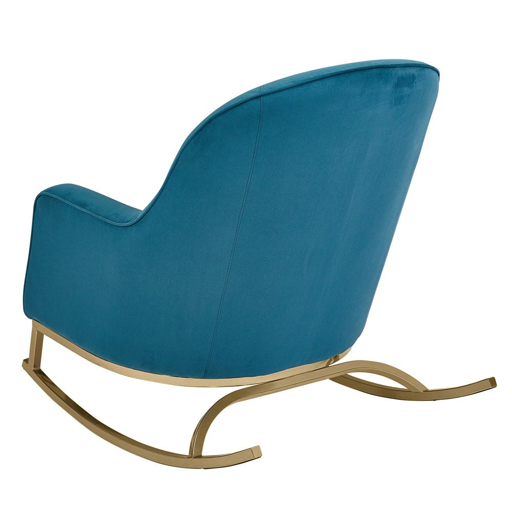 Modrn Glam Velvet Rocking Chair with Lumbar Pillow, Teal/Satin Brass