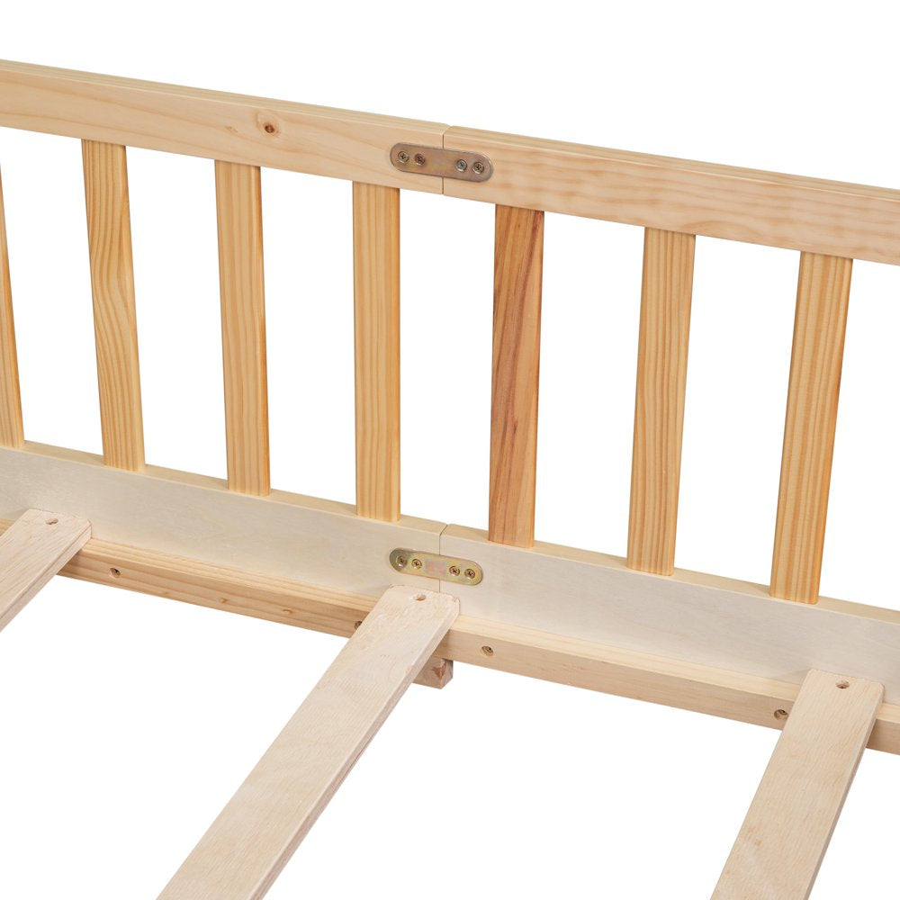 Uhomepro Queen Size Wood Floor Bed Frame with Fence and Door for Kids, Toddlers, Natural