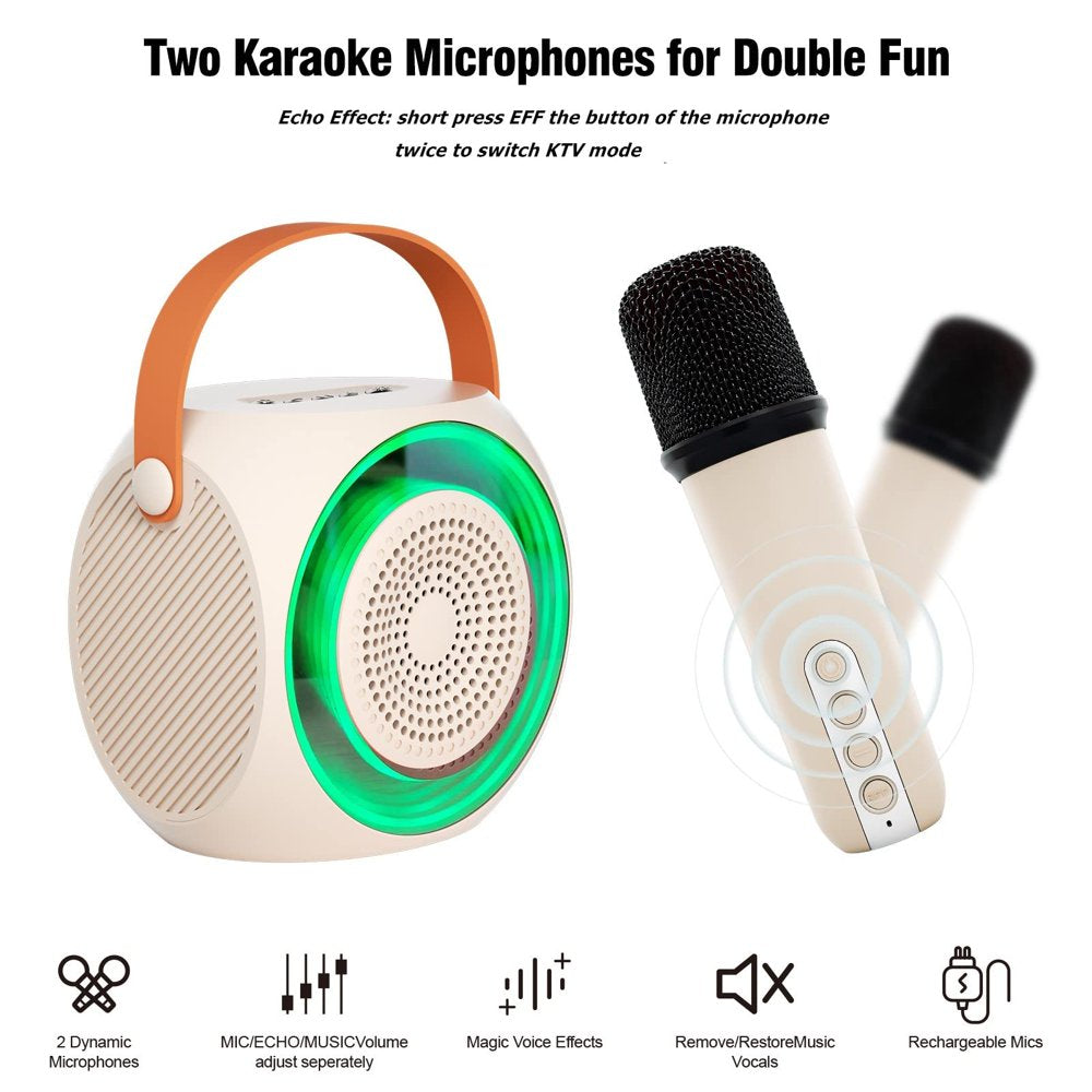 BONAOK Mini Karaoke Machine, Portable Bluetooth Speaker with 2 Wireless Microphone for Kids and Adults with Led Lights, Gifts for Girls and Boys Birthday Home Party(Beige)