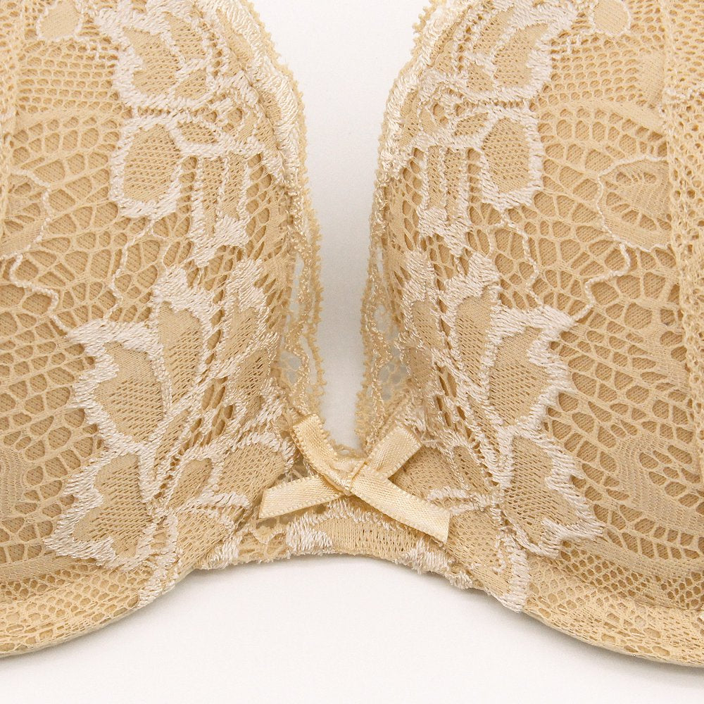 Deyllo Women'S Sexy Lace Push up Padded Plunge Add Cups Underwire Lift up Bra, Beige 32C