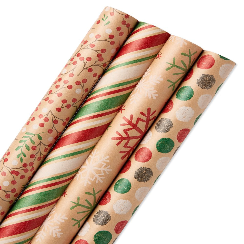 American Greetings Winter Wrapping Paper, Red, Green and Kraft (4 Pack, 80 Sq. Ft.)