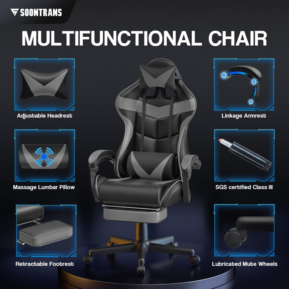 Soontrans Gaming Chair with Footrest and Ergonomic Massage Lumbar Pillow PU Leather Office Chair, Gray