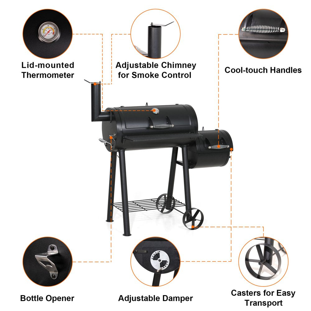 Sophia & William Portable BBQ Charcoal Grill with Offset Smoker, Black