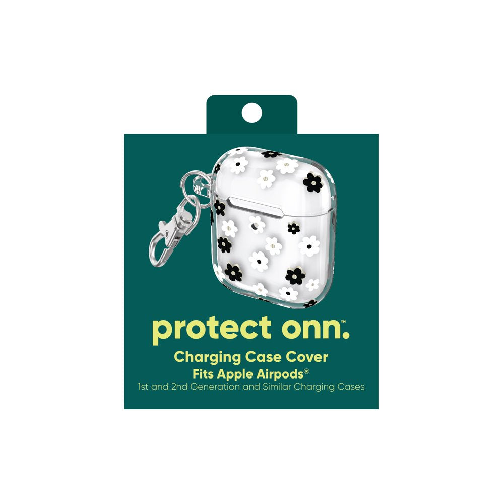 Onn. Charging Case Cover with Keychain Clip for Apple Airpods (1St and 2Nd Generation) - Black and White Floral