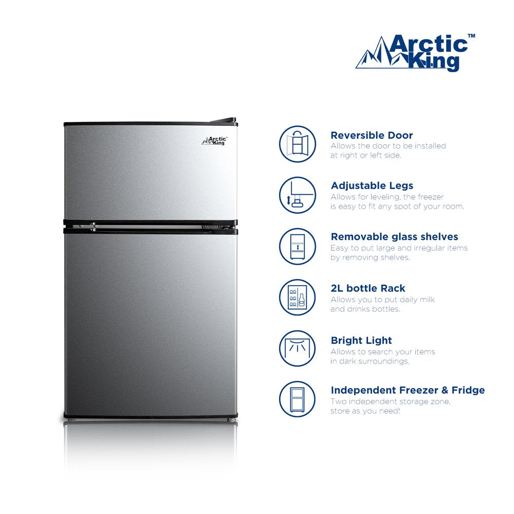 Arctic King 3.2 Cu Ft Two Door Mini Fridge with Freezer, Stainless Steel, E-Star, ARM32D5ASL