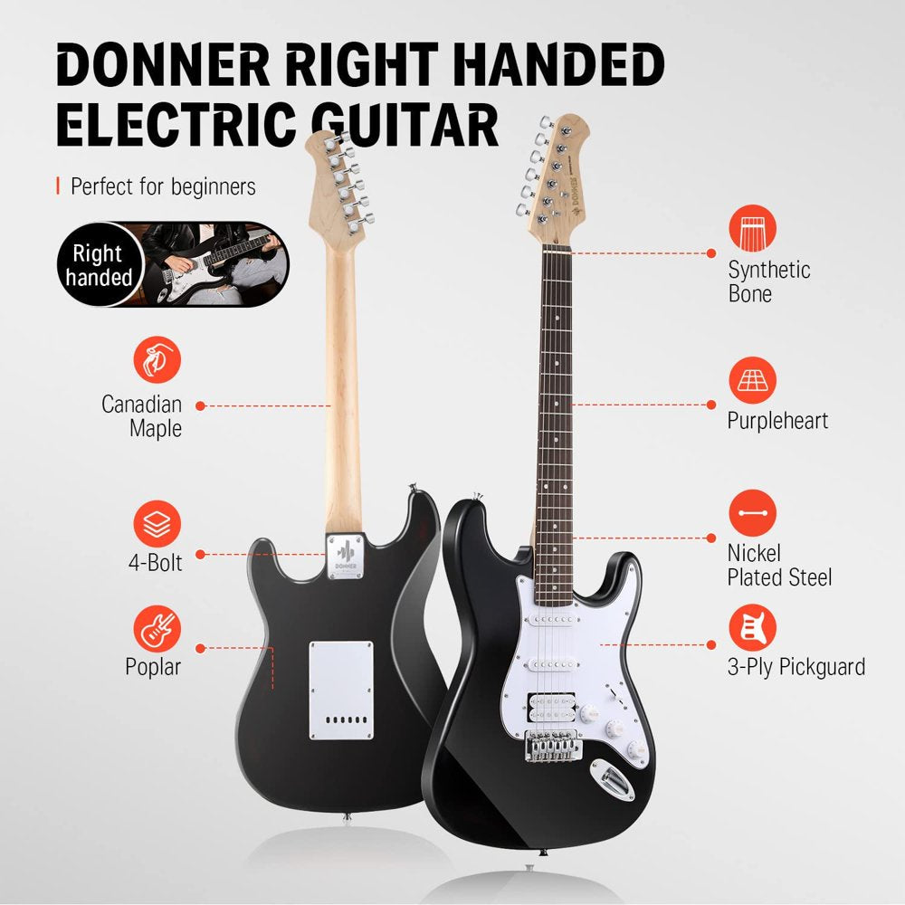 Donner DST-100B 39" Electric Guitar Beginner Kit Solid Body Full Size HSS for Starter, with Amplifier, Bag, Digital Tuner, Capo, Strap, String, Cable, Picks, Black