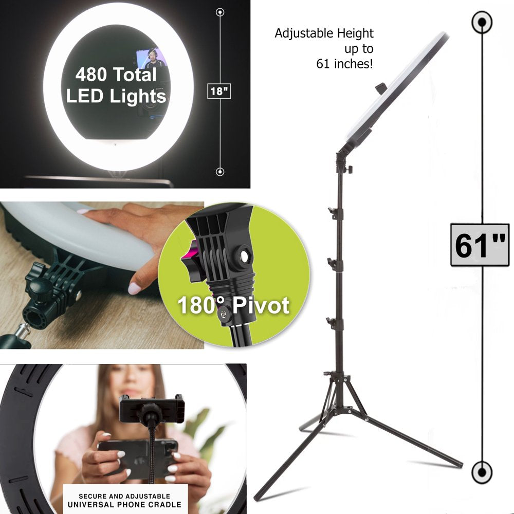 Vivitar 18" LED RGB Ring Light with Tripod, Phone Holder USB Charging Ports, and Wireless Remote