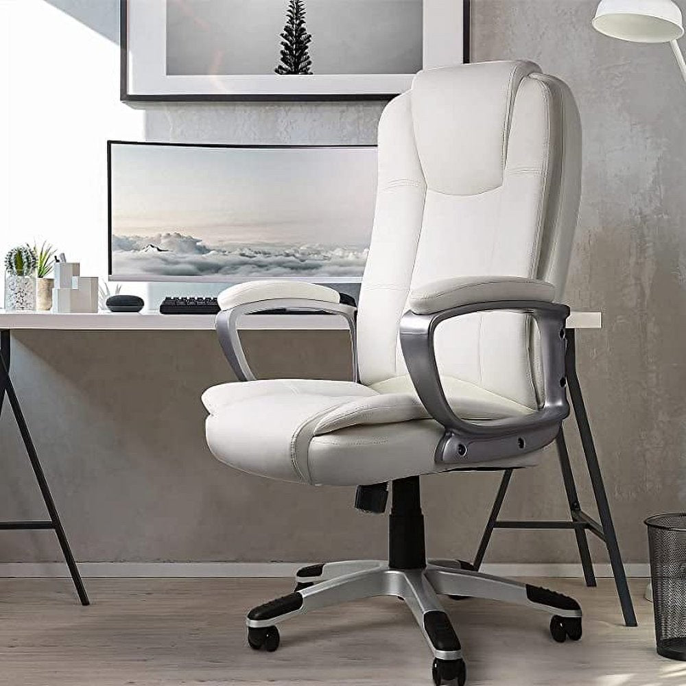 Home Office Chair, Comfortable Heavy Duty Design, Ergonomic High Back Cushion Lumbar Back Support, Computer Desk Chair, Big and Tall Chair, Adjustable Executive Leather Chair with Arms (White)