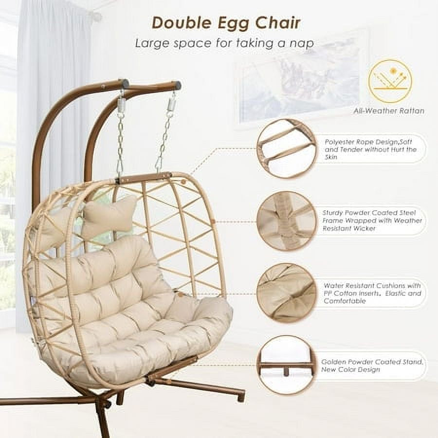 NICESOUL Outdoor Rattan Double Hanging Swing Egg Chair with Stand Cream Color 510 Lbs Max. (Cream)