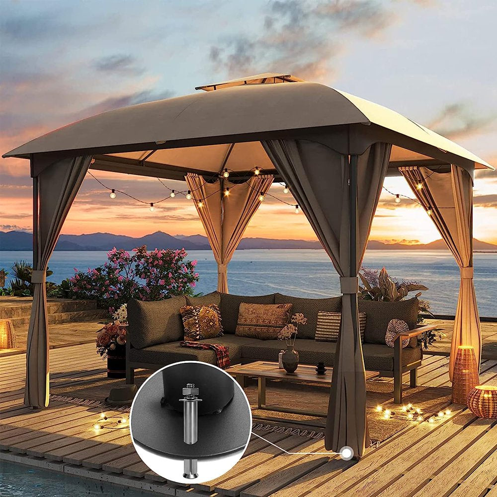 LAUSAINT HOME 10'X10' Outdoor Gazebo, Unique Arc Roof Design and Privacy Curtains Included, Khaki