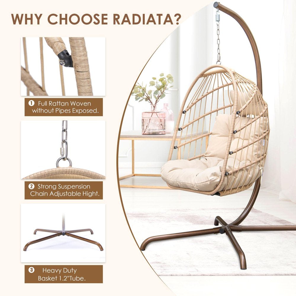 Nicesoul Rattan Swing Egg Chair Hanging Chair with Stand Beige 350 Lbs Capacity Metal Frame