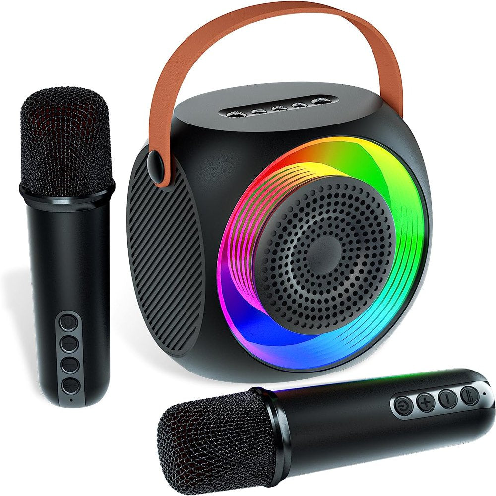 BONAOK Mini Karaoke Machine, Portable Bluetooth Speaker with 2 Wireless Microphone for Kids and Adults with Led Lights, Gifts for Girls and Boys Birthday Home Party(Black)