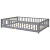 Uhomepro Full Size Wood Floor Bed Frame with Fence and Door for Kids, Toddlers, Gray