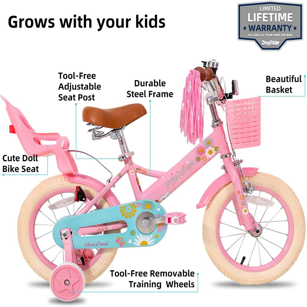 JOYSTAR Little Daisy 12 Inch Kids Bike for 2 3 4 Years Girls with Training Wheels Princess Kids Bicycle with Basket Bike Streamers Toddler Cycle Bikes Pink