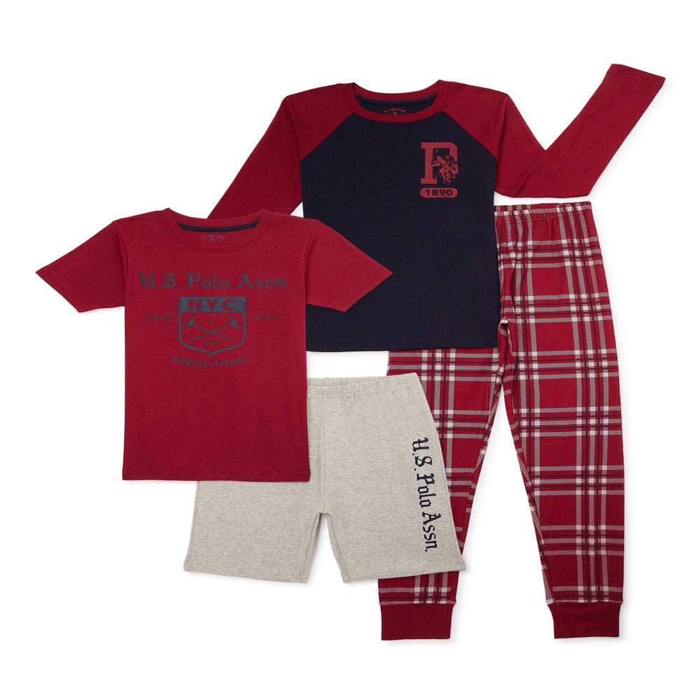 U.S. Polo Assn. Boys Mixed Short and Long Sleeve Pajama Set, 4-Piece Set, Sizes 7-16