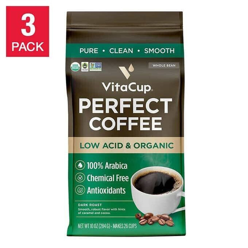 Vitacup Low Acid Perfect Ground Coffee, USDA Organic, Dark Roast, 3-Pack (10 Oz