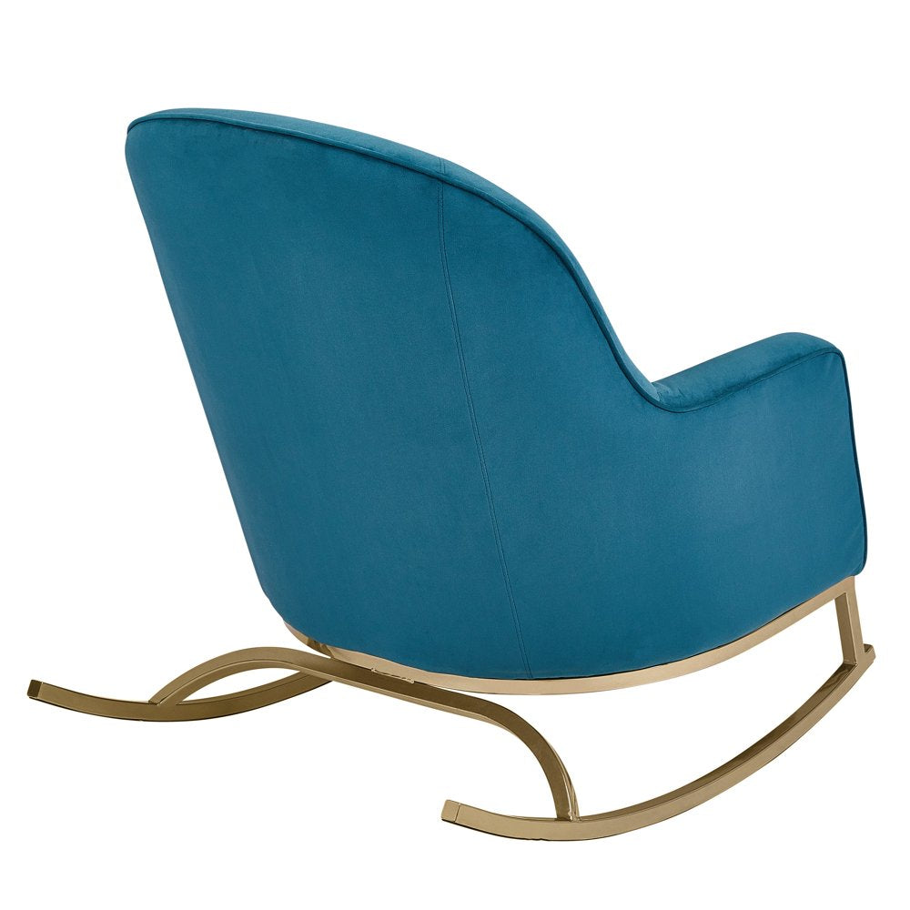 Modrn Glam Velvet Rocking Chair with Lumbar Pillow, Teal/Satin Brass