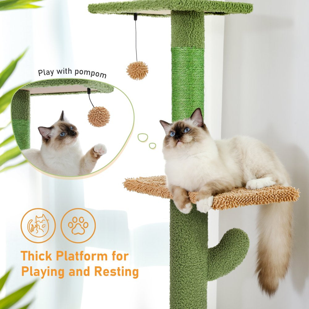 PAWZ Road 5-Level Cat Tree House Cactus Style Floor to Ceiling Tower 95-107" for Indoor Small Cats, Green