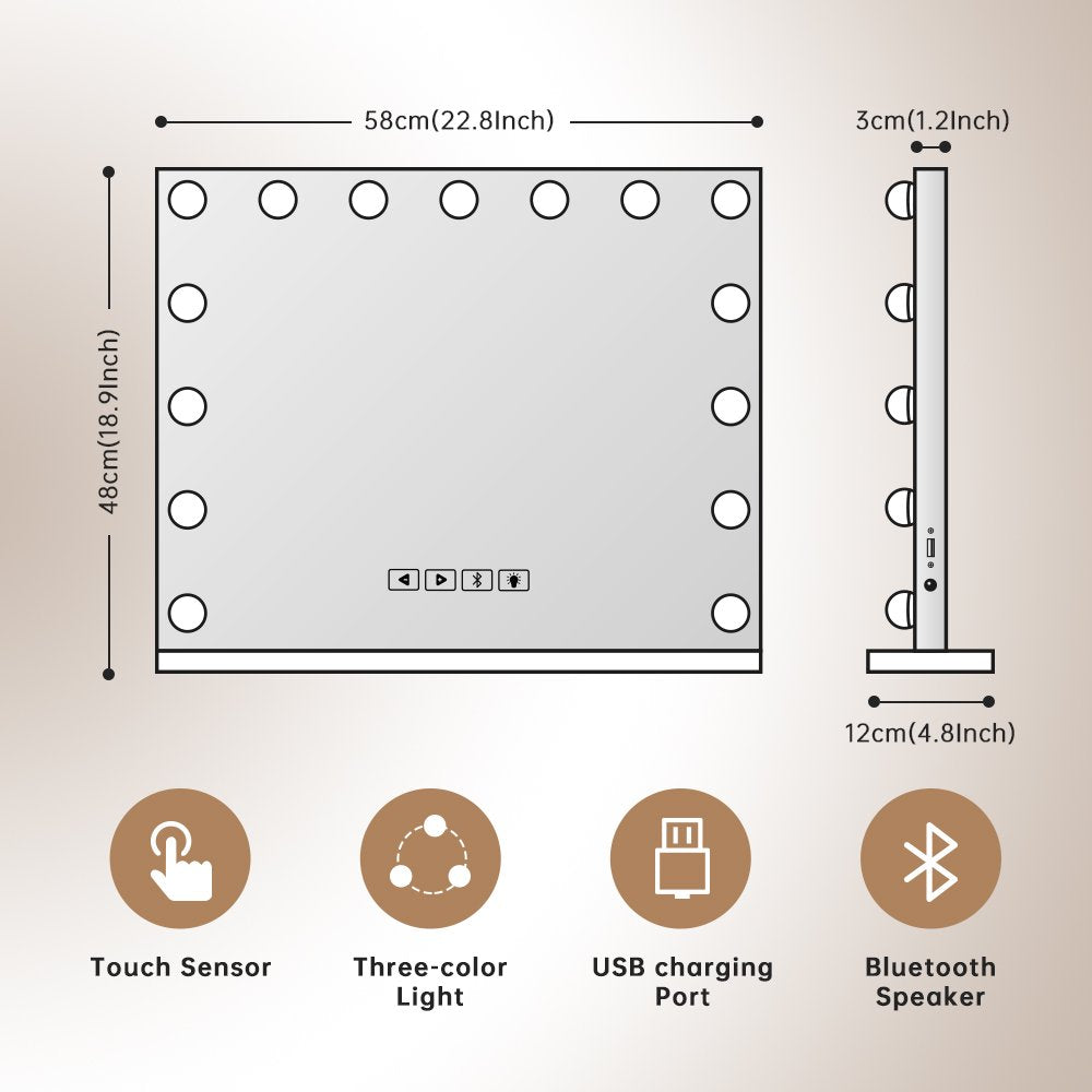 Fenchilin Large Hollywood Vanity Mirror with Lights Bluetooth Tabletop Wall Mount Metal White