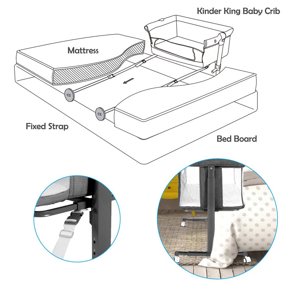 Kinder King Baby Bassinet with Wheels Folding Portable Newborn Bedside Sleeper All-Sided Mesh Infant Crib, Grey