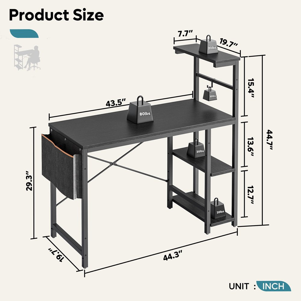 Bestier Reversible 44 Inch Computer Desk with LED Lights Gaming Desk with 4 Tier Shelves Black