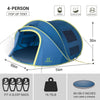 QOMOTOP Instant Tent 4-Person Camp Tent, Automatic Setup Pop up Tent, Waterproof, Huge Side Screen Windows, Blue