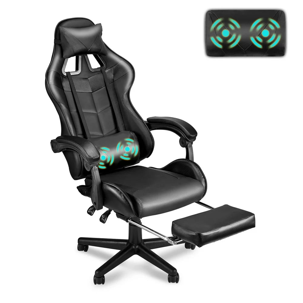 Soontrans Massage Gaming Chair with Footrest, Ergonomic Leather Office Chair with Lumbar Support & Headrest, Black