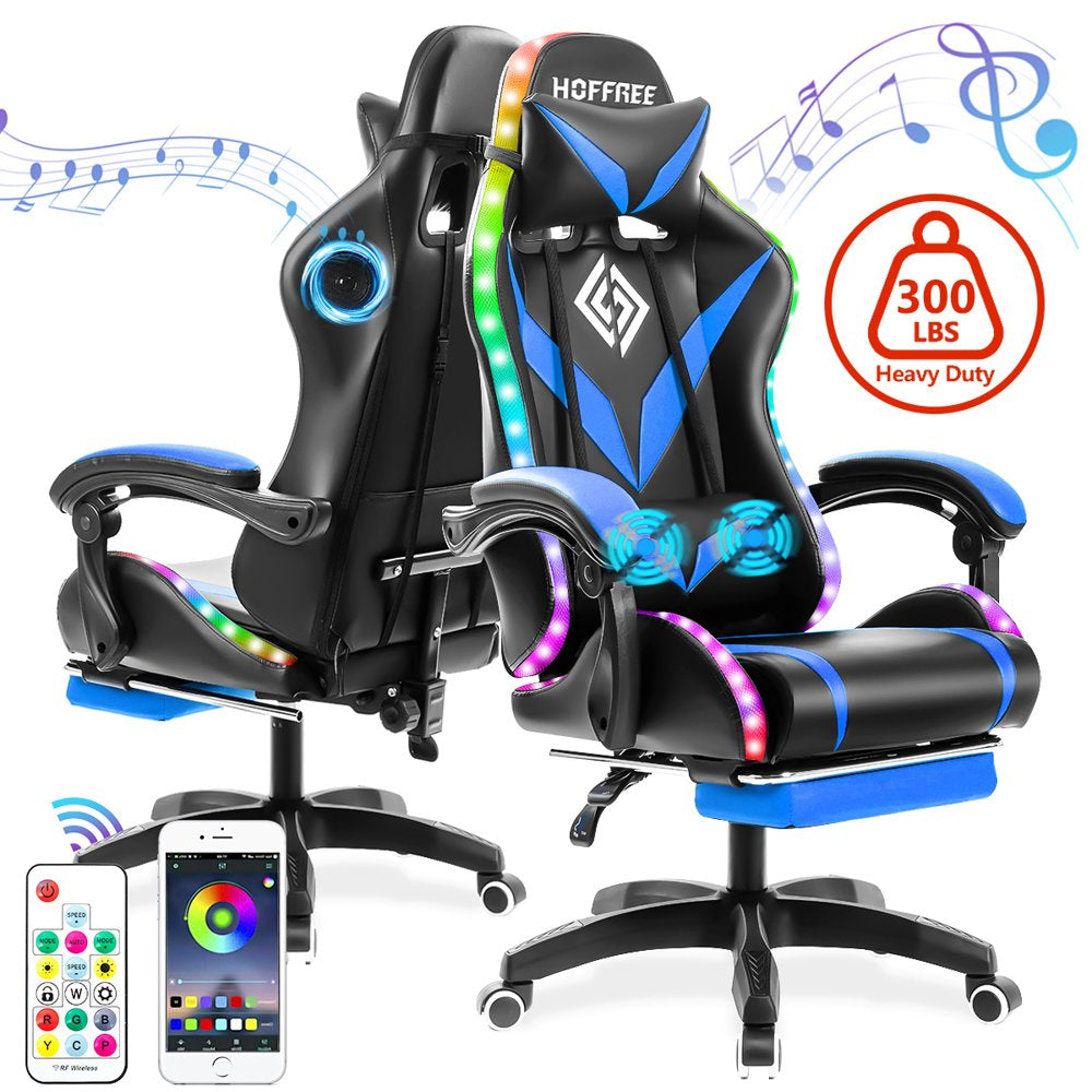 Hoffree Gaming Chair with Bluetooth Speakers Office Chair with Footrest and LED Lights Ergonomic Gaming Chairs High Back with Lumbar Support and Headrest Adjustable Swivel for Home Office 300Lb