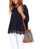 JWD Women'S Tops Long Sleeve Lace Trim O-Neck a Line Tunic Blouse Navy Blue-Small