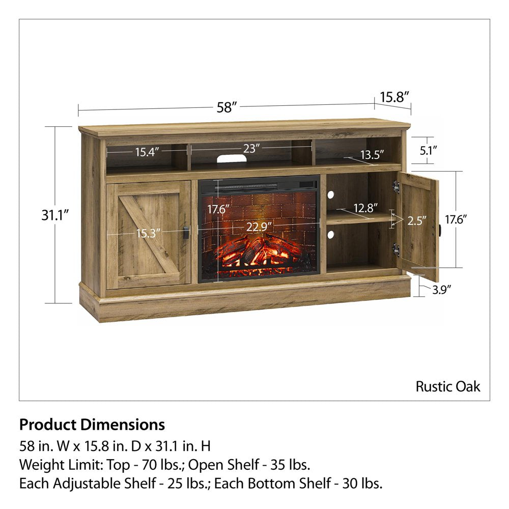 Ameriwood Home Ashton Lane Electric Fireplace TV Stand for Tvs up to 65", Rustic Oak