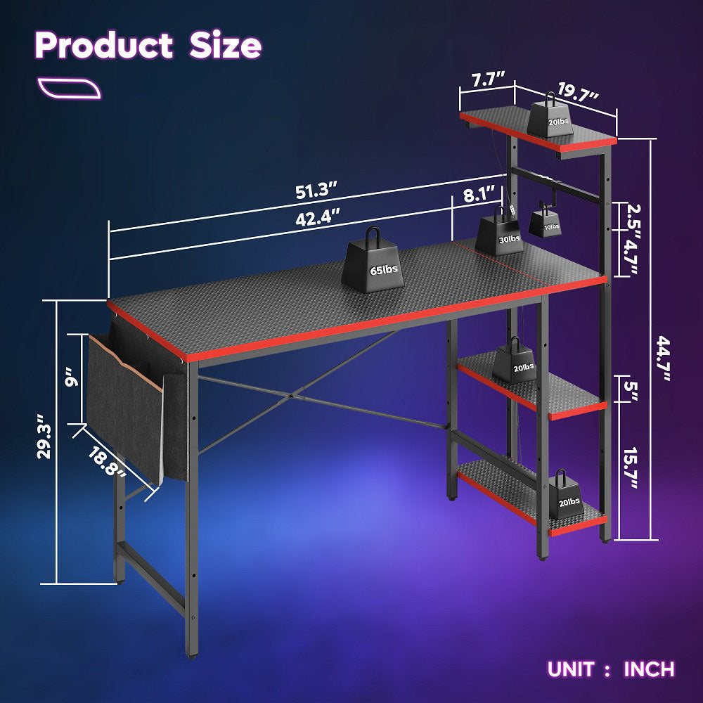 Bestier 52 Inch Gaming Computer Desk with LED Lights & Shelves Carbon Fiber, Reversible Desk