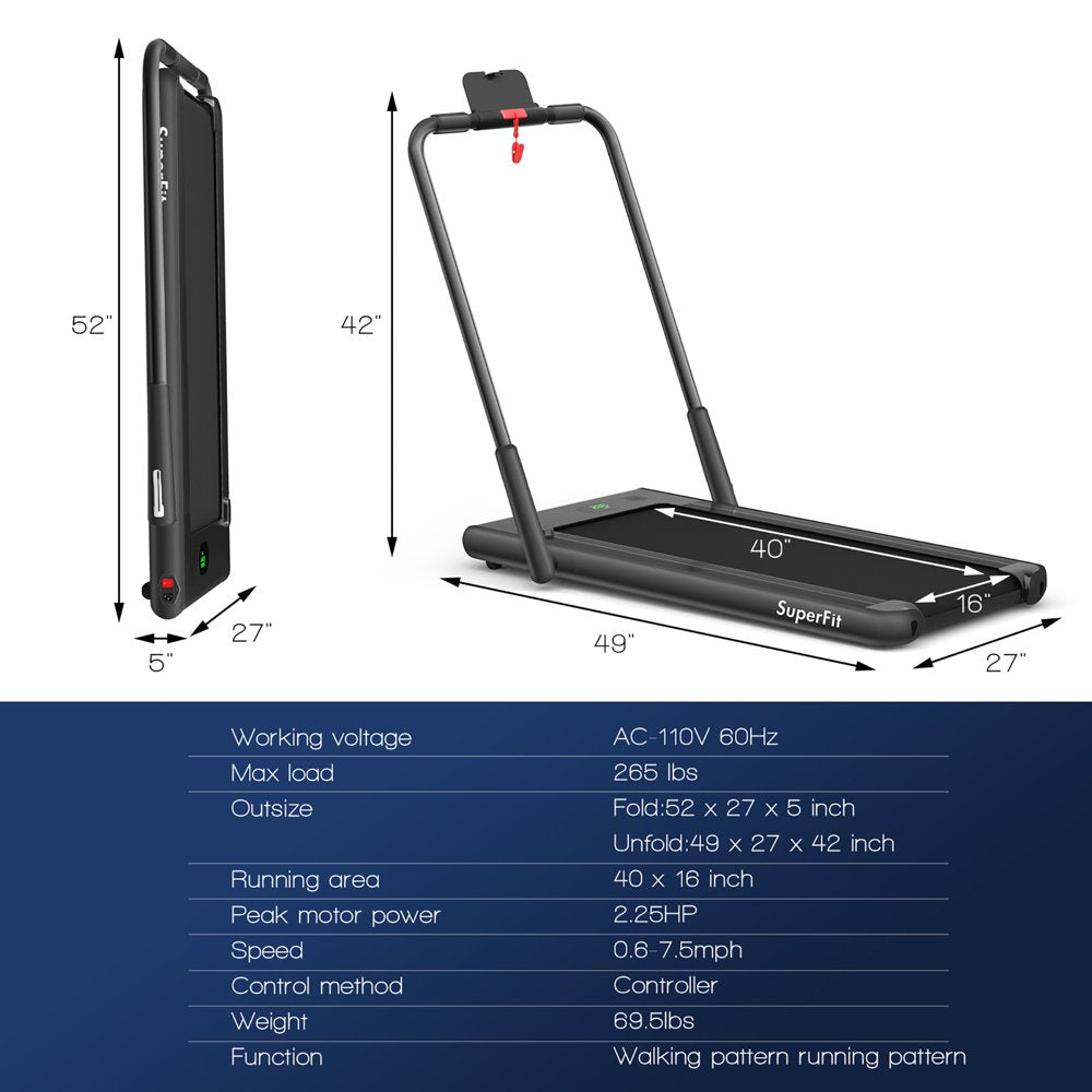 Superfit 2.25HP 2 in 1 Folding under Desk Treadmill W/ Speaker Remote Control Single Display Screen Black