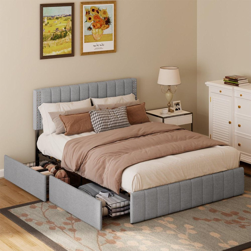 Lofka Queen Bed Frame with 4 Storage and Adjustable Headboard, Queen Size Storage Bed, Light Grey